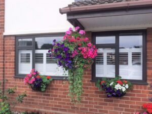 Brown window trim with white cafe shutters
